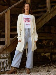 LanaWest 女士纯色落肩长袖宽松休闲长款开衫，秋冬季 - 杏色 - 查看 5