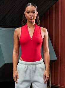 SUMWON WOMEN Zip Through High Neck High Leg Bodysuit - Red - View 1