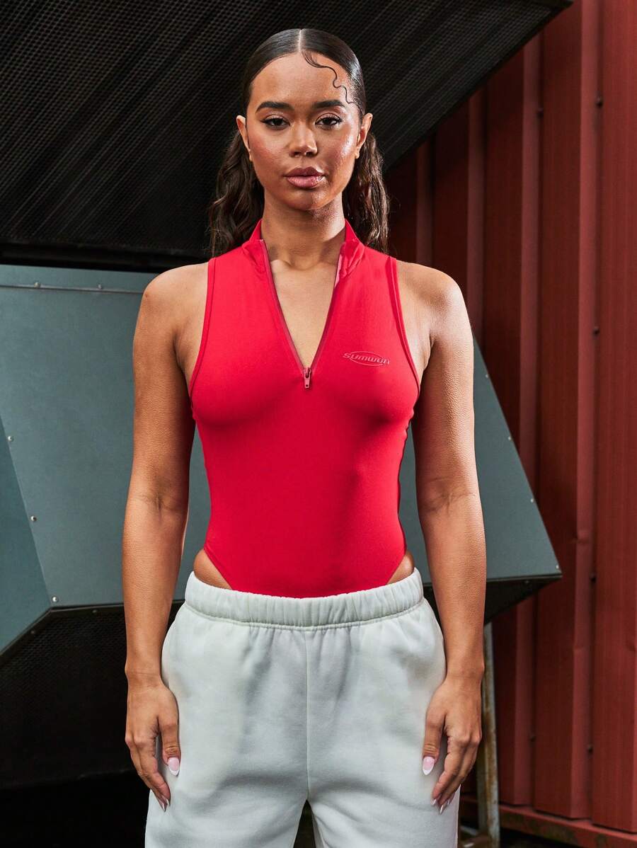 SUMWON WOMEN Zip Through High Neck High Leg Bodysuit - Red - View 1