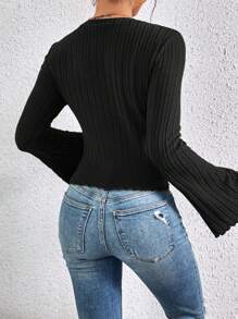 SHEIN Frenchy Lettuce Trim Trumpet Sleeve Ribbed Textured Fabric Special Sleeve Knit Tee Winter Black Casual Spring - Black - View 2