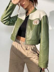Muchica Women's Autumn Color Block Letter Casual PU Leather Short Jacket - Green - View 6