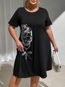 SHEIN CURVE+ Plus Size Women Casual Floral And Skull Printed Short Sleeve Dress For Halloween, Summer - Black - View 6