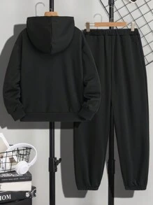 SHEIN Leap Crew Bộ 2 áo hoodie in hình GOAT, Greatest Of All Time và quần dài thường ngày cho bé trai tuổi teen, mùa hè - màu đen - Xem 2