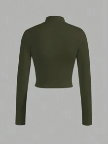 Slaydiva Women's Simple Casual Basic Stretchy Stand Collar Zip Up Long Sleeve Tight Jacket Top, Autumn/Winter - Army Green - View 2