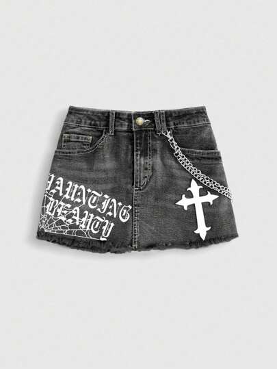 Grunge Punk Sexy Y2K Goth Slogan Print Cobweb PU Cross Crisscross Super Low Waist Mini Denim Skirt For Women