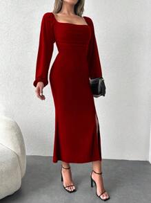 EURMUSE 百褶下擺&側開叉燈籠袖洋裝 - 紅色 - 查看 4