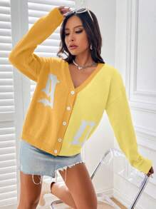 Chiquease Áo len cardigan họa tiết chữ màu đơn giản, thu/đông - Màu vàng - Xem 5