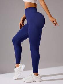 女士镂空网眼宽腰带无缝压缩瑜伽紧身裤 - 藏蓝色 - 查看 2