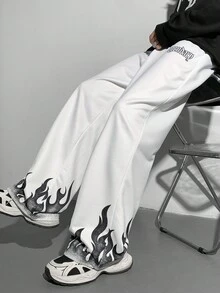 SHEIN 青少年男孩休闲火焰与英文图案印花白色锥形运动裤，适合秋季、冬季、保暖、学院、休闲、运动装、生日派对、郊游、百搭、简约、保暖内衬 - 白色 - 查看 9