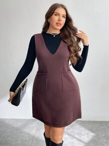 SHEIN Essnce Plus Size Simple Patchwork Casual Short Dress Winter Fall Autumn - Coffee Brown - View 6