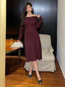 DAZY Valentine's Day Solid Color Off Shoulder Bow Knitted Mid-Length Sweater Dress For Women,Fall Clothes Fleece Lined Red Women Dresses Prom Dress
