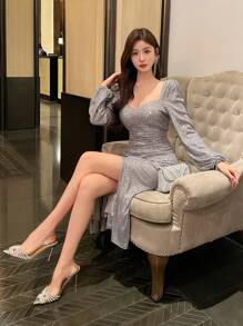 DAZY Women Square Neckline Sequin Side Slit Long Sleeve Midi Dress, Birthday ,New Year Eve Prom Dress