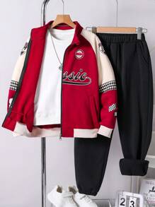 SHEIN 2pcs Tween Boy Streetwear Letter Print Color Blocking Fleece Jacket And Pants Set