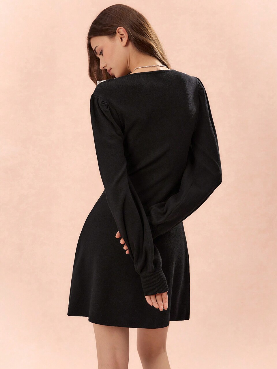 Women Black Lace Patchwork Elegant Lantern Sleeve Knitted Sweater Dress, Autumn