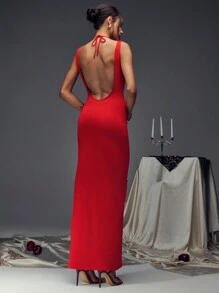 SHEIN Unity Christmas Party Dress Women Deep Cowl Neck Lace Bust Low Back Split Side Dress - Red - View 2