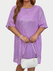 SHEIN LUNE Vestido de manga corta con cuello redondo y lentejuelas para mujer de talla grande, ropa para fiestas de vacaciones