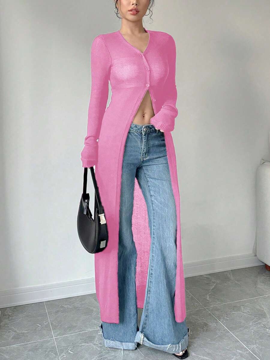 Chiquease Cardigan long en dentelle transparente, tricot mode polyvalent