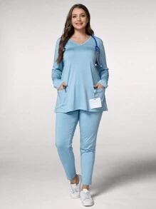 TaskEZ Plus Size Jednolity Kolor Długi Rękaw i Spodnie Jednolity Zestaw Do Scrub - Jasnoniebieski - Zobacz 4