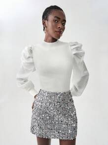 Chiquease Turtleneck Shiny Fabric Balloon Sleeve Form-Fitting Knit Sweater Knit Pullover Fall Winter Outfit