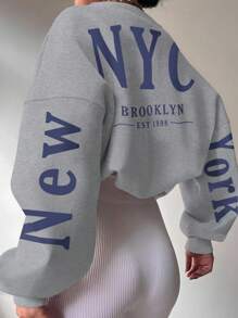 INAWLY 加大码字母印花休闲圆领长袖卫衣，适合冬季秋季穿着。 - 灰色 - 查看 1