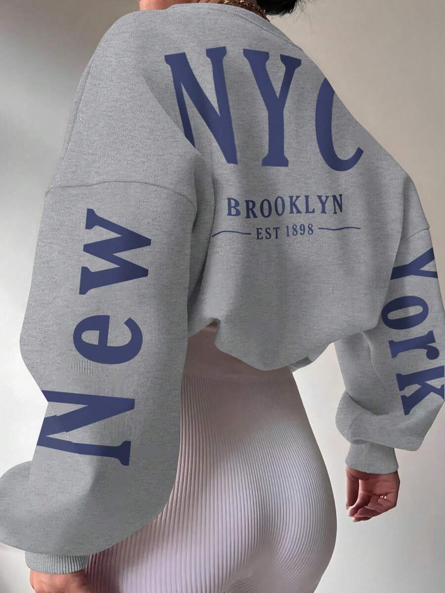 INAWLY 加大码字母印花休闲圆领长袖卫衣，适合冬季秋季穿着。 - 灰色 - 查看 1