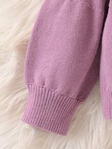 Suéter lila con cuello redondo, mangas farol y decoración de pompones para niñas bebé, suéter tejido lindo y cálido para otoño - Púrpura malva - Ver 6