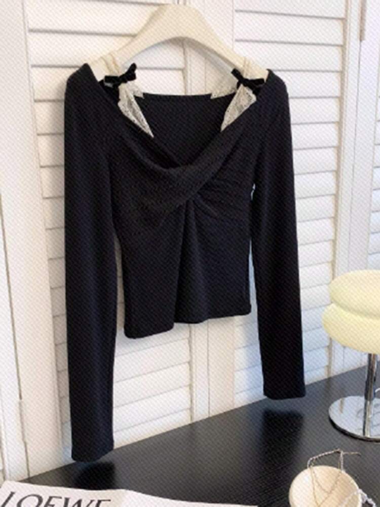 Women's Contrast Lace Bow Decor Long Sleeve Knitted T-Shirt, Spring Autumn