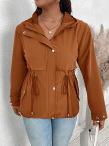 SHEIN LUNE 大码抽绳腰带连帽外套，带口袋，休闲日常穿着，感恩节假日必备 - 棕色 - 查看 2