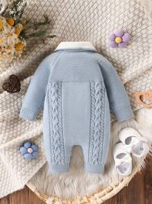 SHEIN 婴幼儿秋冬新款翻领针织连体衣，可爱纯色休闲加厚针织前开长袖连体衣，柔软舒适毛衣 - 彩色 - 查看 2