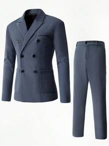 Calvornis Men's Notched Collar Long Sleeve Double Breasted Suit Jacket And Trousers Office Wear Outfit