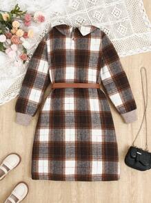 SHEIN 女童纯色和格子拼布长袖连衣裙