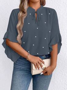 Plus Size Autumn Casual Beaded Ruffle Trim Blouse - Blue - View 4