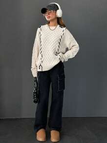 EURMUSE Spring Handmade Twist Rope Knit Women Sweaters, Loose Casual Korean Style Knitted Tops - Beige - View 2