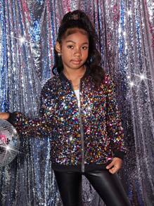 SHEIN Tween Girls Pearl Embellished Round Neck Long Sleeve Casual Jacket, Autumn/Winter - Multicolor - View 5