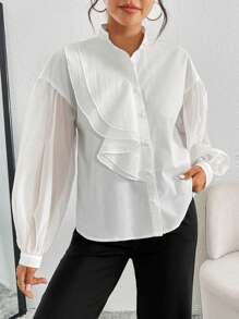 SHEIN EZwear Blusa holgada de unicolor con manga abullonada informal para mujer