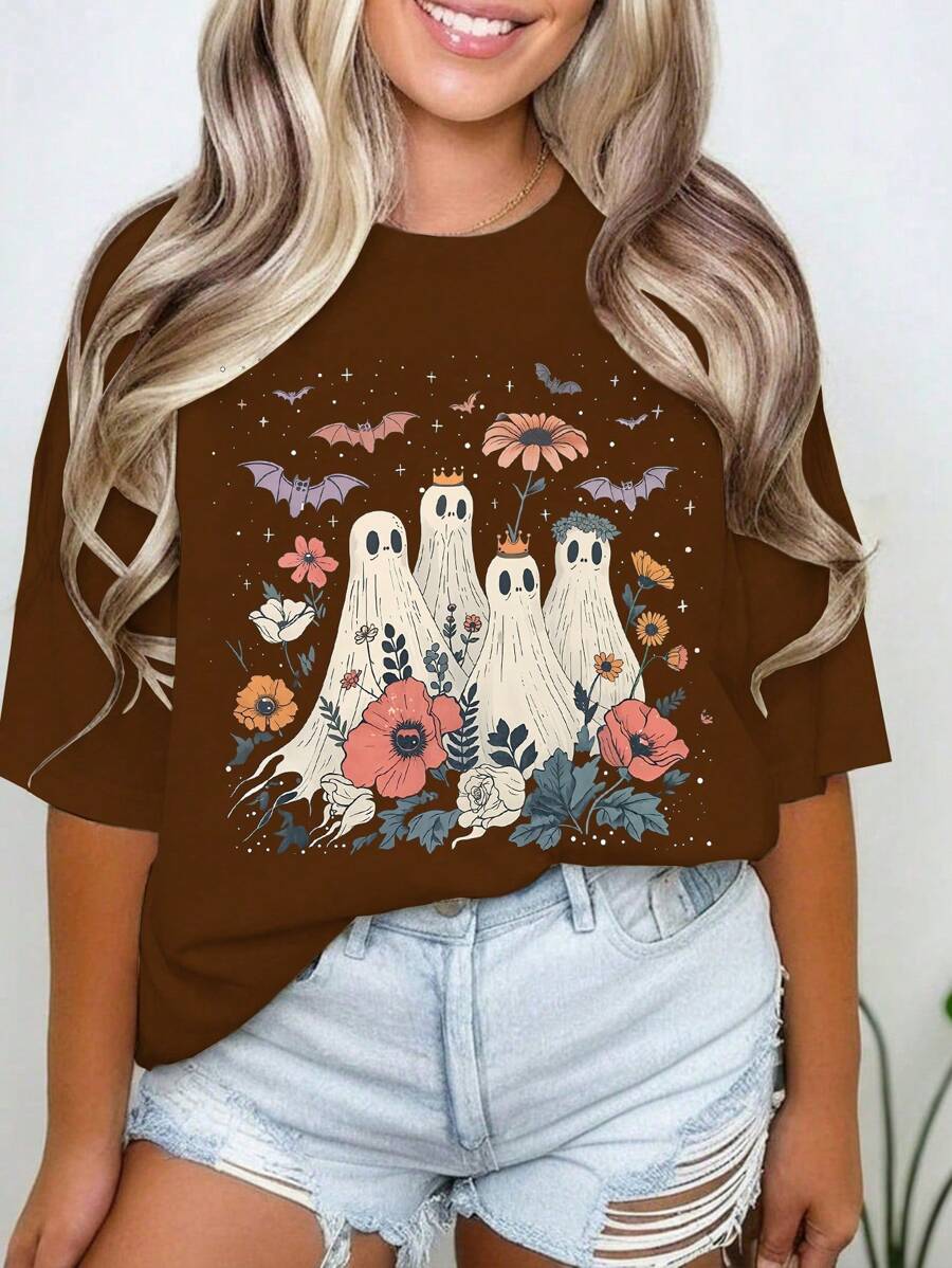 SHEIN LUNE 大码鬼魂印花短袖 T 恤 - 咖啡棕 - 查看 1