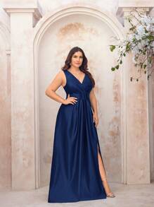 SHEIN Belle Plus Size Vintage Deep V-Neck Overlap Simple Belt Pleated High Slit A-Line Hem Simple Elegant Formal Evening Gown, Prom Dress, For Wedding Guest, Graduation, Dinner, Party Dress