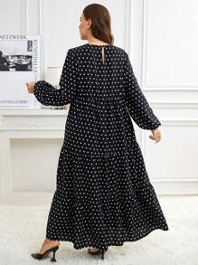 SHEIN Clasi 大码女式优雅泡泡袖 A 字型波尔卡圆点连衣裙，适合办公室穿着和教师装 - 黑與白 - 查看 2
