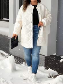 SHEIN LUNE Plus Size Button-Front Cardigan With Textured Diamond Pattern Design, Long Sleeve Winter Coats - Apricot - View 5