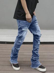 Manfinity LEGND Men's Street Style Ripped Raw Edge Jeans - Medium Wash - View 1