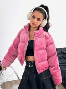 SHEIN Leap Crew Chaqueta de terciopelo retro informal/rosa/para adolescente, adecuada para vacaciones, fiesta, chaqueta acolchada, franela, pana, cremallera de cuarto - Rosa vieja - Ver 4