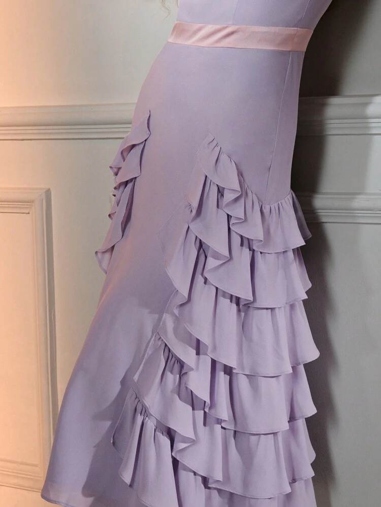 The Great Gatsby x MOTF CHIFFON V-NECK CAPE SLEEVE BOW FRONT LAYERED RUFFLE HEM DRESS