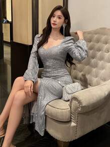DAZY Women Square Neckline Sequin Side Slit Long Sleeve Midi Dress, Birthday ,New Year Eve Prom Dress
