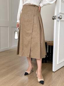 DAZY Women Solid Color Pleated A-Line Long Casual Work Skirt - Khaki - View 4