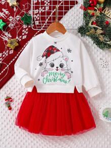 SHEIN Baby Girls' Christmas Kitty Contrast Mesh Dress