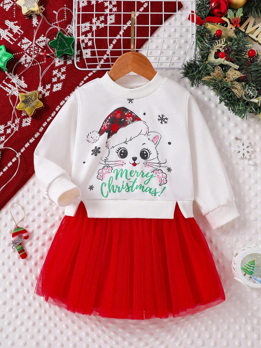 SHEIN Baby Girls' Christmas Kitty Contrast Mesh Dress