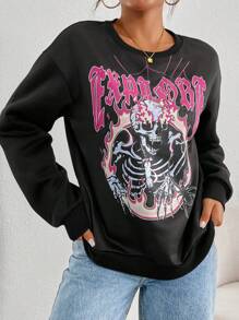 SHEIN Essnce Women's Casual Solid Color Knit Dropped Shoulder Long Sleeve Loose Sweatshirt - Black - View 5