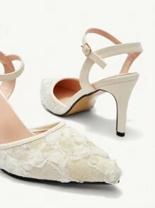 CUCCOO HITCHD Almond Color Lace & Mesh Pointed Toe Elegant Versatile Women Stiletto Heels Backless Pumps - Apricot - View 4