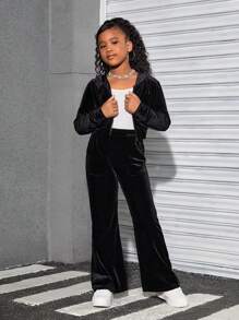 SHEIN Tween Girls' Velvet Hooded Cardigan & Pants Sporty Casual Set
