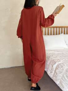 DAZY Casual Loose Half-Zip Tie Front Jumpsuit Pajama - Red - View 2